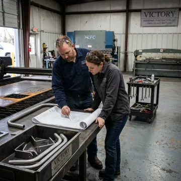 Metal fabrication team reviewing CAD drawings