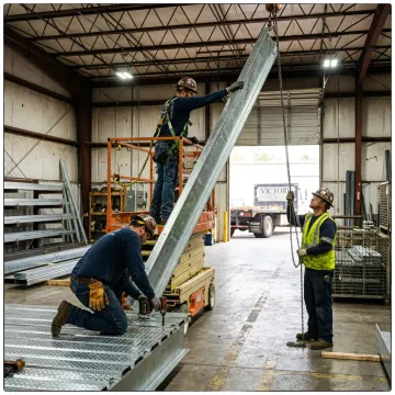 Crew installing a steel office mezzanine floor