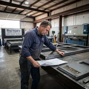 Metal fabricator reviewing drawings beside welded steel parts