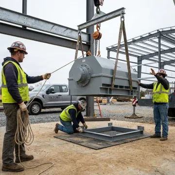 Industrial crew positioning heavy equipment with rigging support