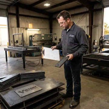 Fabricator reviewing metal parts during custom fabrication