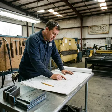 Metal fabricator reviewing drawings beside cut steel parts