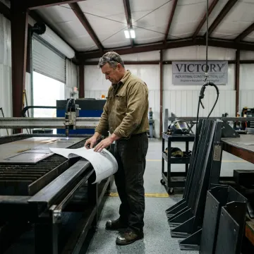 Fabricator reviewing metal fabrication drawings