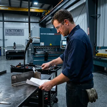 Technician measuring formed sheet metal parts