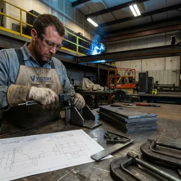 Fabricator measuring custom metal bracket in shop