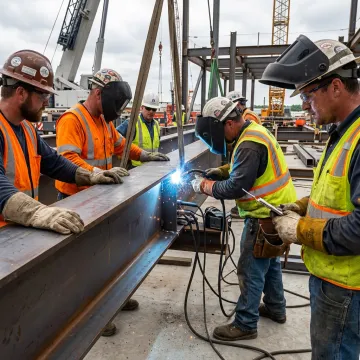 Crew installing structural steel building frame