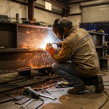 Industrial maintenance welder repairing steel equipment