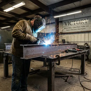 Welder fabricating metal components in an industrial shop