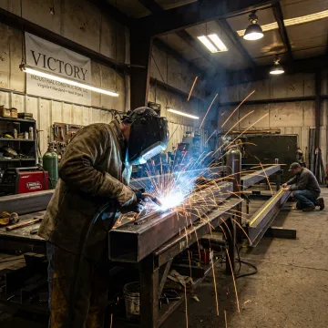 Welder fabricating steel in an industrial shop