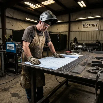 Fabricator reviewing metal drawings before welding