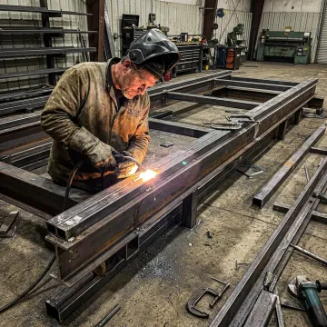 Structural metal fabricator welding steel frame