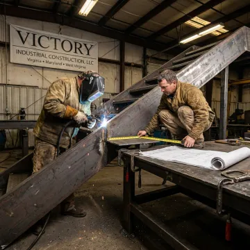 Steel stair fabrication process in industrial shop