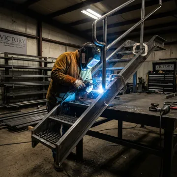 Custom steel stair fabrication in industrial welding shop