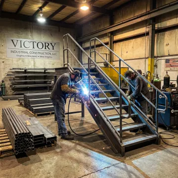 Custom metal staircase fabrication in industrial shop