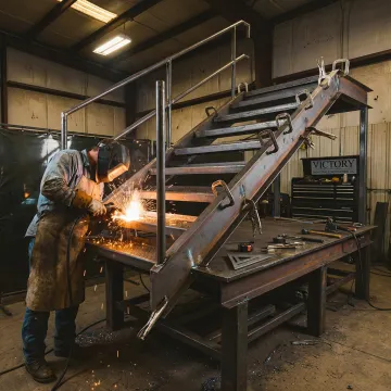Fabricator welding a metal staircase frame