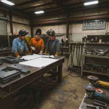 Steel fabricator reviewing plans in a workshop