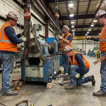 Millwright crew positioning industrial machinery