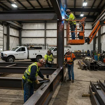 Industrial construction crew working on structural steel