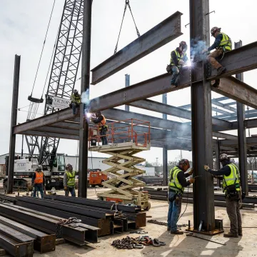Metal building contractors installing steel frame