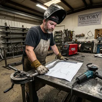 Fabricator checking bent metal tubing