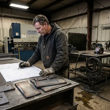 Fabricator reviewing drawings beside metal parts