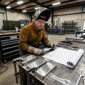 Welder reviewing fabricated stainless steel parts