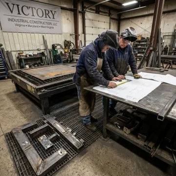 Steel fabrication team reviewing drawings and welded parts