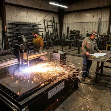 CNC plasma cutting metal in an industrial fabrication shop