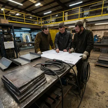Industrial fabricator reviewing metal parts during production