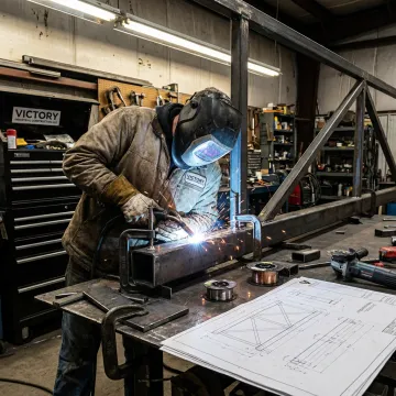 Fabricator welding a custom metal frame