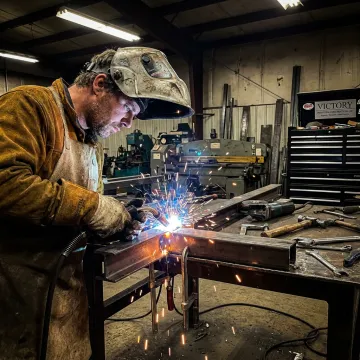 Welder fabricating metal components in an industrial shop
