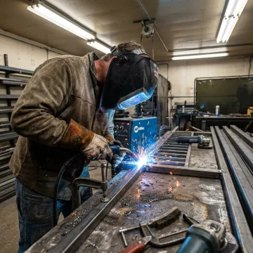 Fabricator welding a custom iron railing