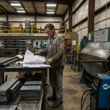 Fabricator reviewing drawings beside metal parts