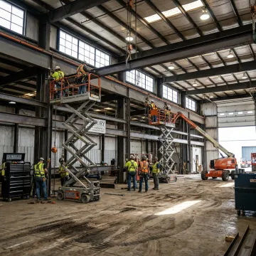 Commercial construction crew installing steel components