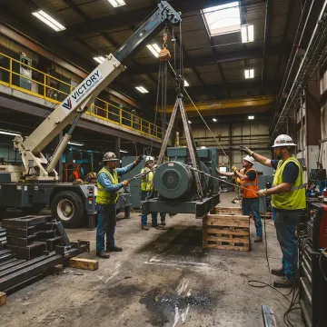 Industrial crew rigging machinery in a facility
