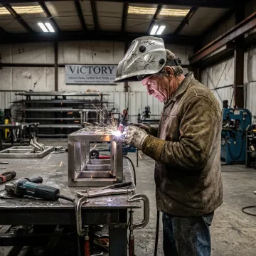 Fabricator welding a stainless steel component