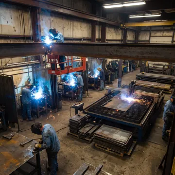 Industrial custom metal fabrication shop with welders and steel parts