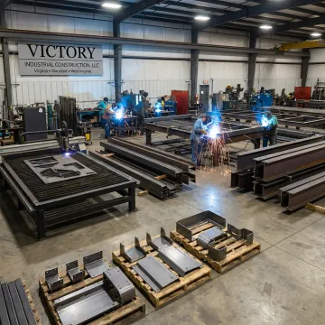 Industrial metal fabrication shop with welding and steel parts