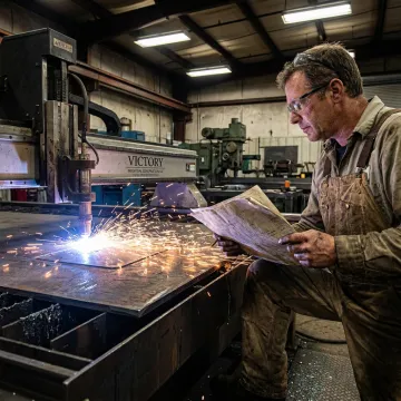 Metal cutting table with technician reviewing CAD drawings