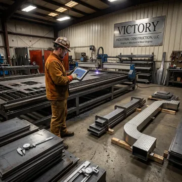 Technician reviewing CAD file beside CNC cutting table