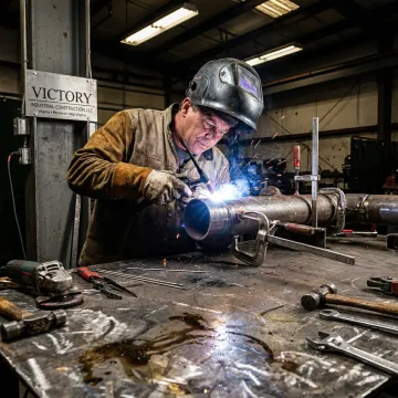Welder fabricating industrial piping assembly