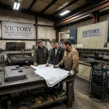 Fabrication team reviewing CAD drawings and metal parts