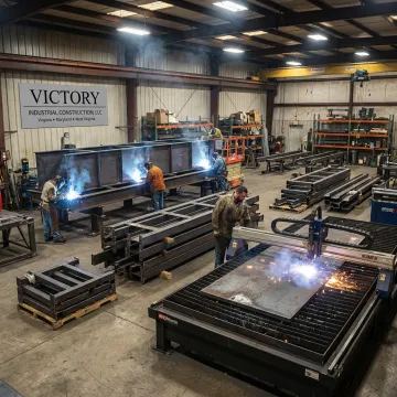 Industrial metal fabrication shop with welders and steel parts