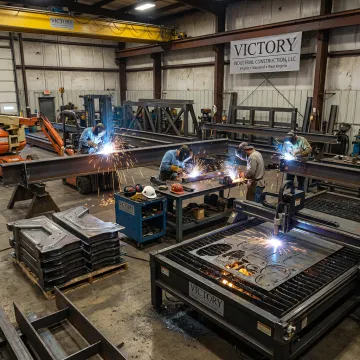 Specialty steel fabrication shop with welders and steel parts