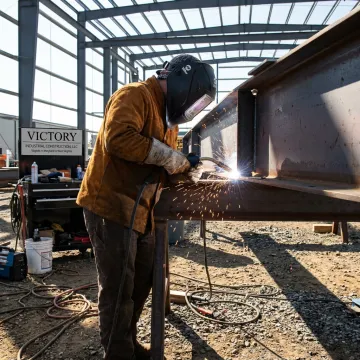 Welder working on an industrial steel frame