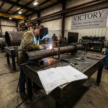 Industrial welder fabricating steel assembly