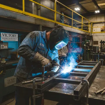 Fabricator welding an industrial ladder assembly