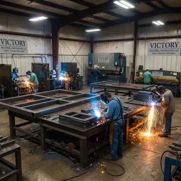 Metal fabrication shop with welded steel parts