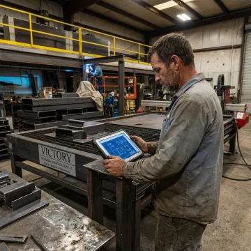 Metal fabricator reviewing CAD plans in a fabrication shop
