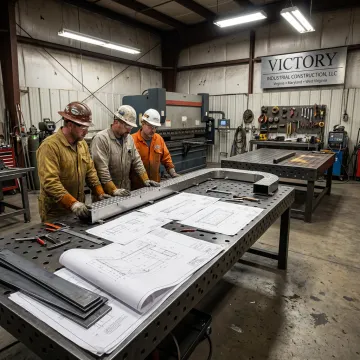 Metal fabrication team reviewing parts in shop